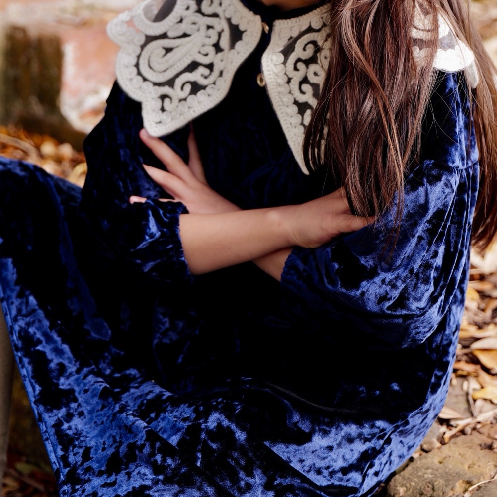 Elegant Blue Velvet Lace Collar Kids Formal Holiday Dress